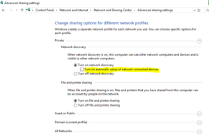 Advanced Sharing Window to help show where to make the changes needed to Prevent Windows from adding networked devices to your device list