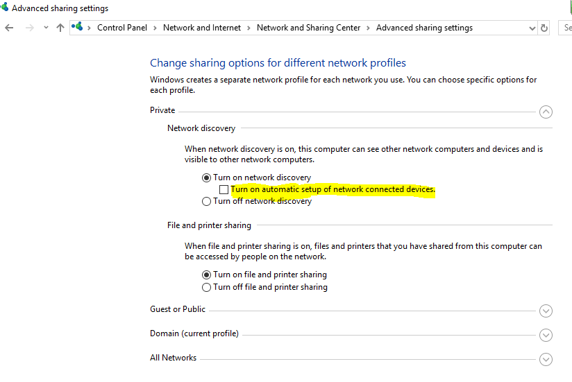 Setting to prevent windows from adding networked devices automatically